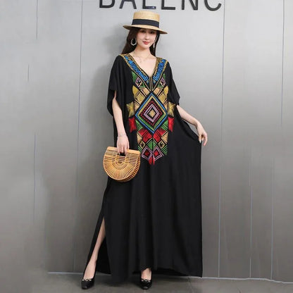 XITAO Embroidery Patchwork V-neck Side Split Dress Contrast Color Loose Ankle-Length Slimming Fashion All Match Casual GMM1240