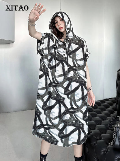 XITAO Fashion Print Hooded Dress Causal Loose Contrast Color Short Sleeve Women Summer Simplicity New Pullover Dress DMJ1454