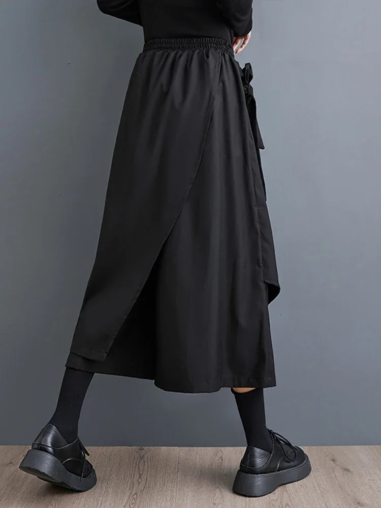 XITAO Asymmetrical Bandage Elastic Waist Pants Drawstring Solid Color Loose Wide Leg Pants Autumn Casual Fashion LYD1427