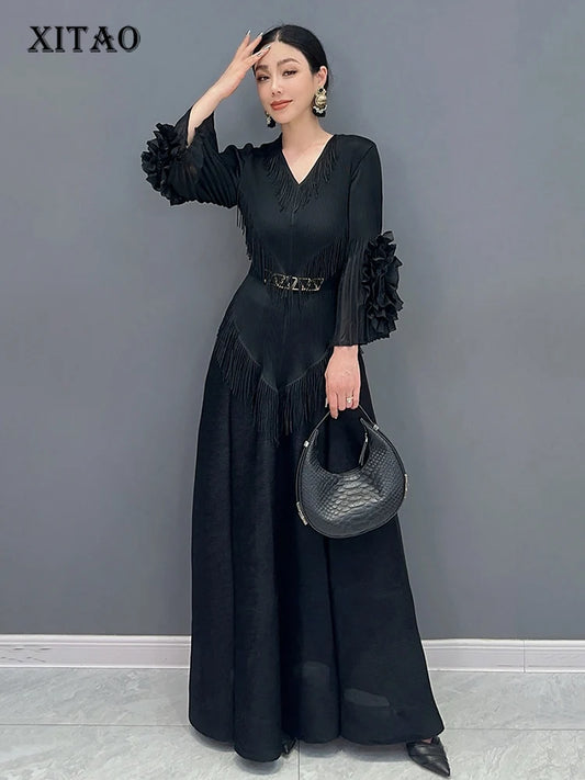 XITAO Tassel Solid Pleated Dress V-neck Three Quarter Sleeve Pullover Temperament Elegant Fashion Women A-line Dress LYD1749