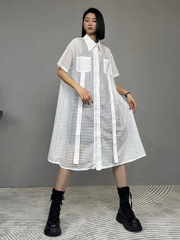 XITAO Hollow Out Perspective Shirt Dress Turn Down Collar Short Sleeve Splicing Pockets Summer Fashion Women New Dress LYD1765