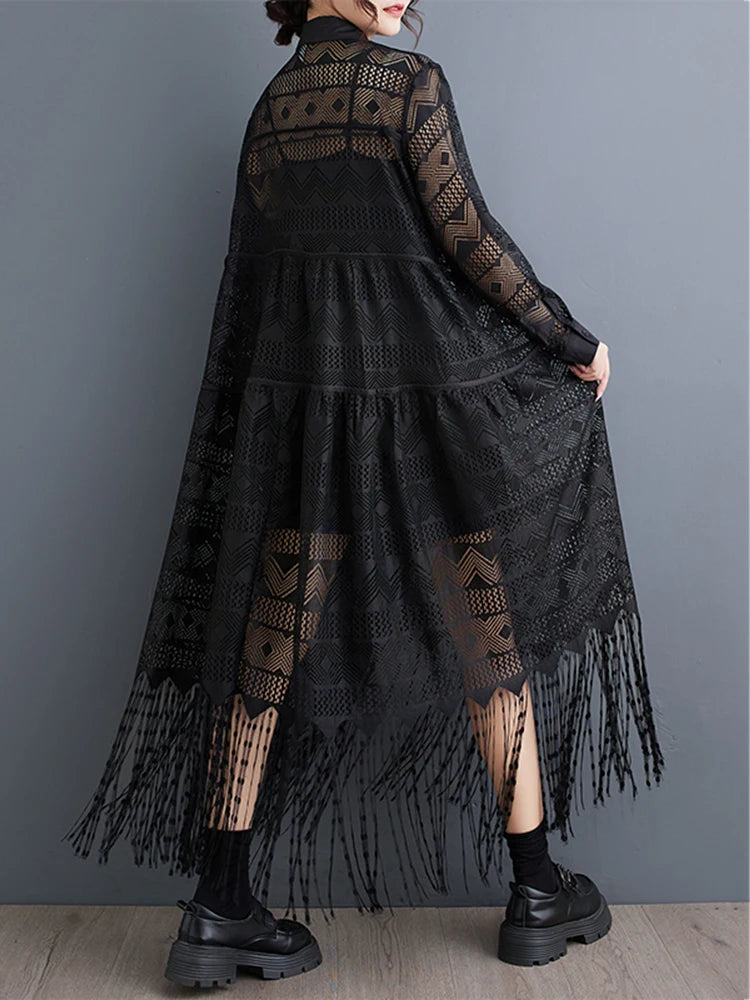 XITAO Casual Solid Color Hong Kong New Arrival A-line Dress Tassel Turn-down Collar Mid-calf Autumn Female Lace Dress ZYY1116