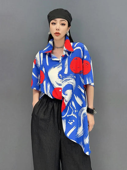 XITAO Personality Print Shirt Loose Fashion Irregular Women Top Summer New Street Trendy Turn-down Collar Shirt ZY8784