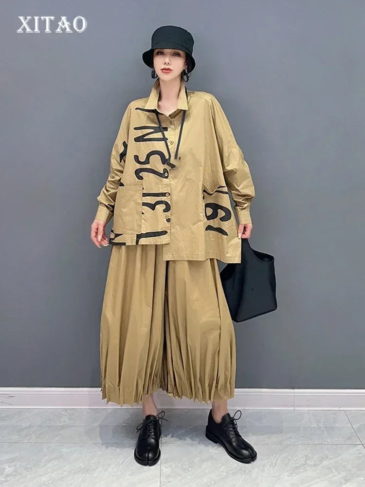 XITAO Casual Ankle-length Pants Sets Asymmetrical Patchwork Shirt Wide Leg Pants Two Pieces Sets Autumn Fashion New ZZ0039