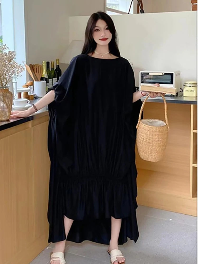 XITAO Asymmetrical Flounced Edge Folds Dress Solid Color Pullover Batwing Sleeve Fashion Slimming Summer New Casual ZY8835