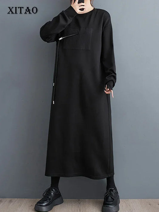 XITAO O-neck Full Sleeve Loose Dress Casual Fashion Solid Color Zippers Design Simplicity Autumn Women New Dress DMJ2690