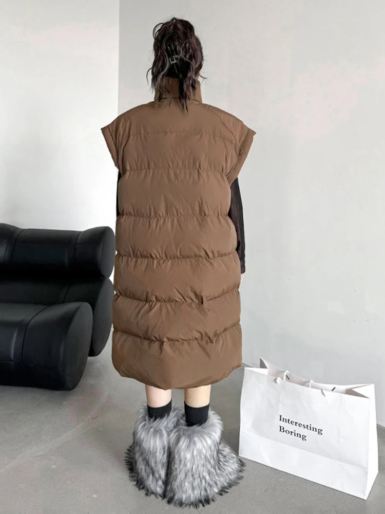 XITAO Zipper Pocket Sleeveless Patchwork Vests Turn-down Collar Loose Mid-calf Long Coat 2024 Autumn New Fashion GYX1038