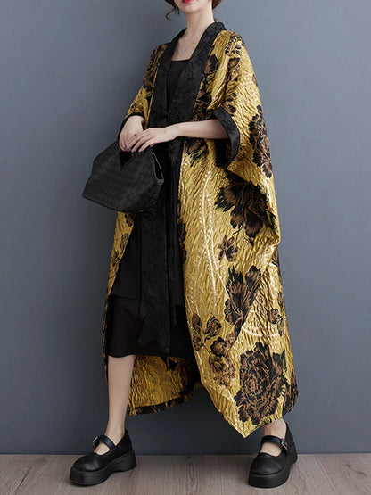 XITAO Bat Wing Sleeve Female Trench Flowers New Chinese Style Women Yellow Patchwork Vintage Loose Winter Coat DMJ3790