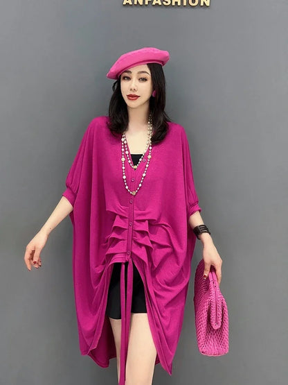 XTAO Drawstring Dress Pleated Solid Color Small Fresh Women Goddess Fan Casual Style Pullover 2024 Summer Dress WLD16535