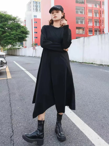 XITAO Asymmetrical Solid Color Patchwork Dresses O-neck Pullover Long Sleeve Loose Casual Slimming Dress 2024 Autumn New GJ1096