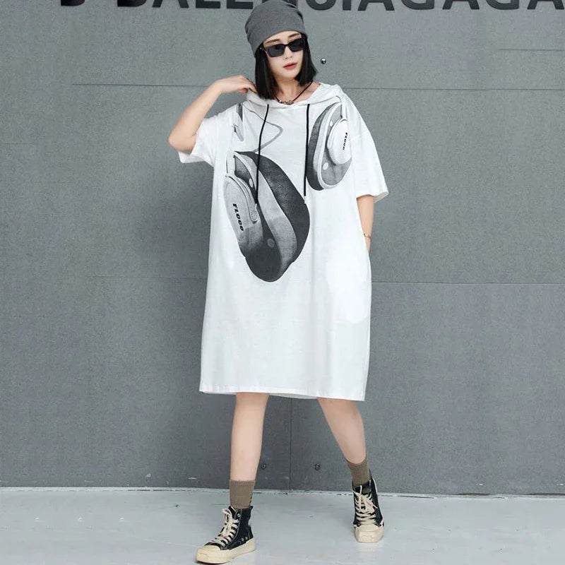 XITAO Print Hooded Pocket Contrast Color Dress Short Sleeve Patchwork Loose Slimming Knee-Length Casual All Match Dress GMM1191