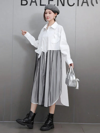 XITAO Gauze Pocket Contrast Color Shirt Dress Side Split Single Breasted Patchwork Turn-down Collar Long Sleeve Casual GMM1261