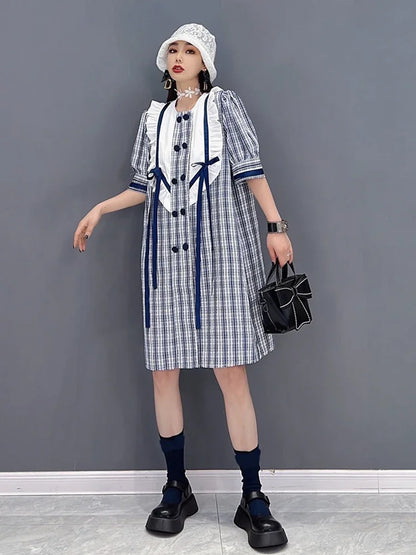 XITAO Double Breasted Plaid Dress Women Summer New Personality Fashion Loose O-neck Short Sleeve Dress WMD5991