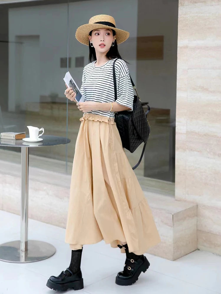 XITAO Striped False Two Pieces T-shirt Dress Loose Fashion Contrast Color Drawstring Patchwork Dress Summer New Women GJ1013