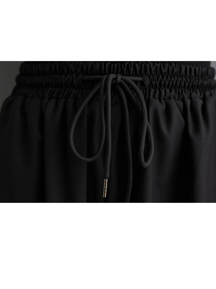 XITAO Pleated Elastic Waist Ankle Length Pants Drawstring Solid Color Personality Casual All-match Women Wide Leg Pants DMJ3786