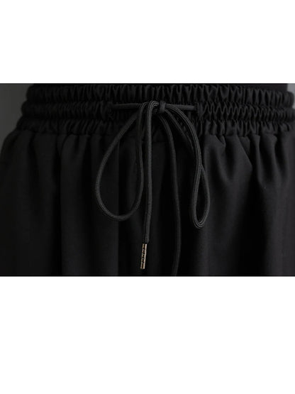 XITAO Pleated Elastic Waist Ankle Length Pants Drawstring Solid Color Personality Casual All-match Women Wide Leg Pants DMJ3786