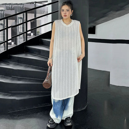 XITAO Hollow Out Sleeveless Solid Color Dress O-neck Loose Casual All-match Pullover Simplicity Women New Line Dress DMJ4117