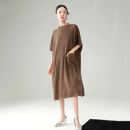 XITAO Knitting Batwing Sleeve Pocket Dress Solid Color Pullover Loose Mid-calf 2024 Spring New Arrival Fashion All Match LYD1056