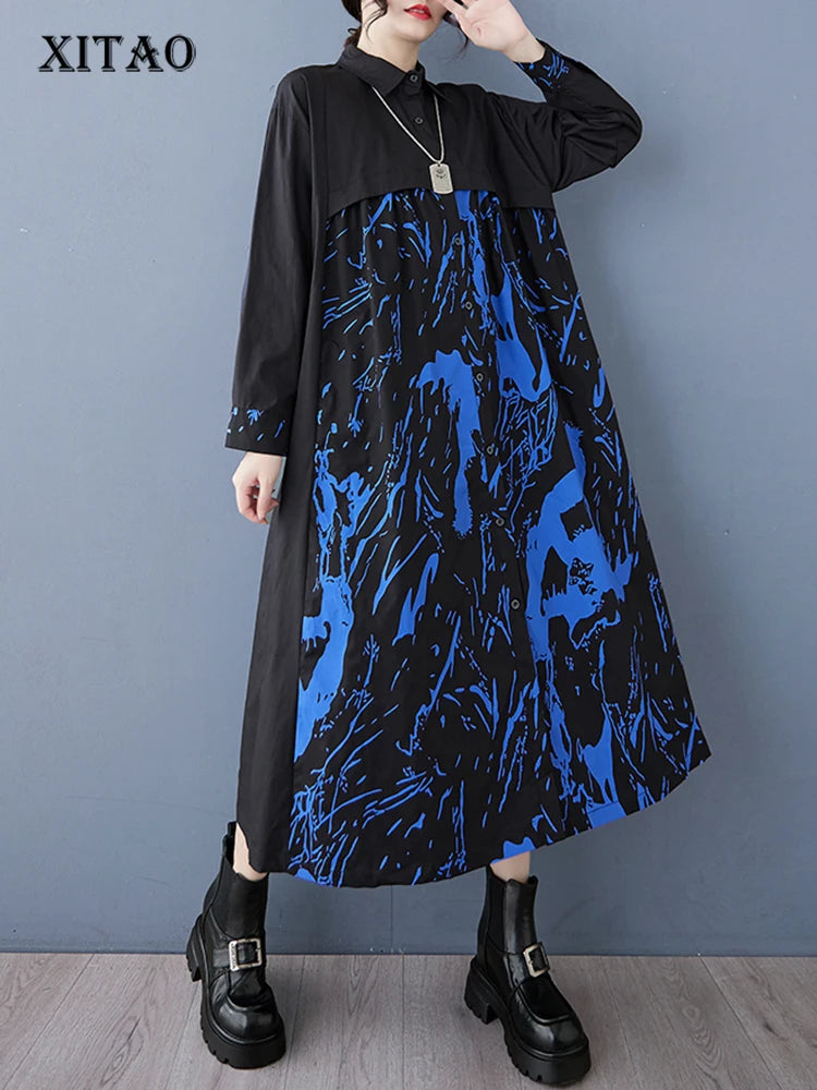 XITAO Patchwork Print Tie-dye Single Breasted Dress Casual Fashion New A-line Full Sleeve Lapel Autumn Female Dress GMM1218