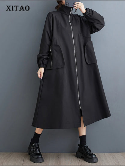 XITAO Popular Solid Color Loose Korean Full Sleeve Trench Temperament A-line Literary Style Female Coat All Match ZYY1046