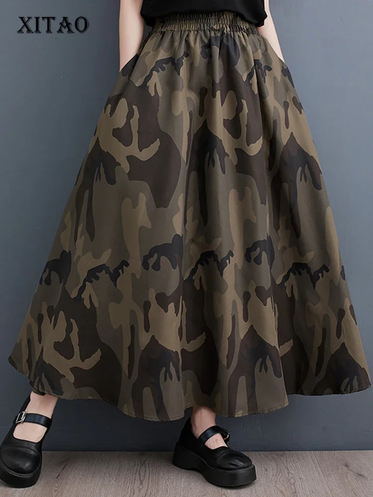 XITAO Casual Print Skirt Temperament Camouflage All-match Women Summer New Arrival A-line Loose Trend Fashion Skirt HQQ0843