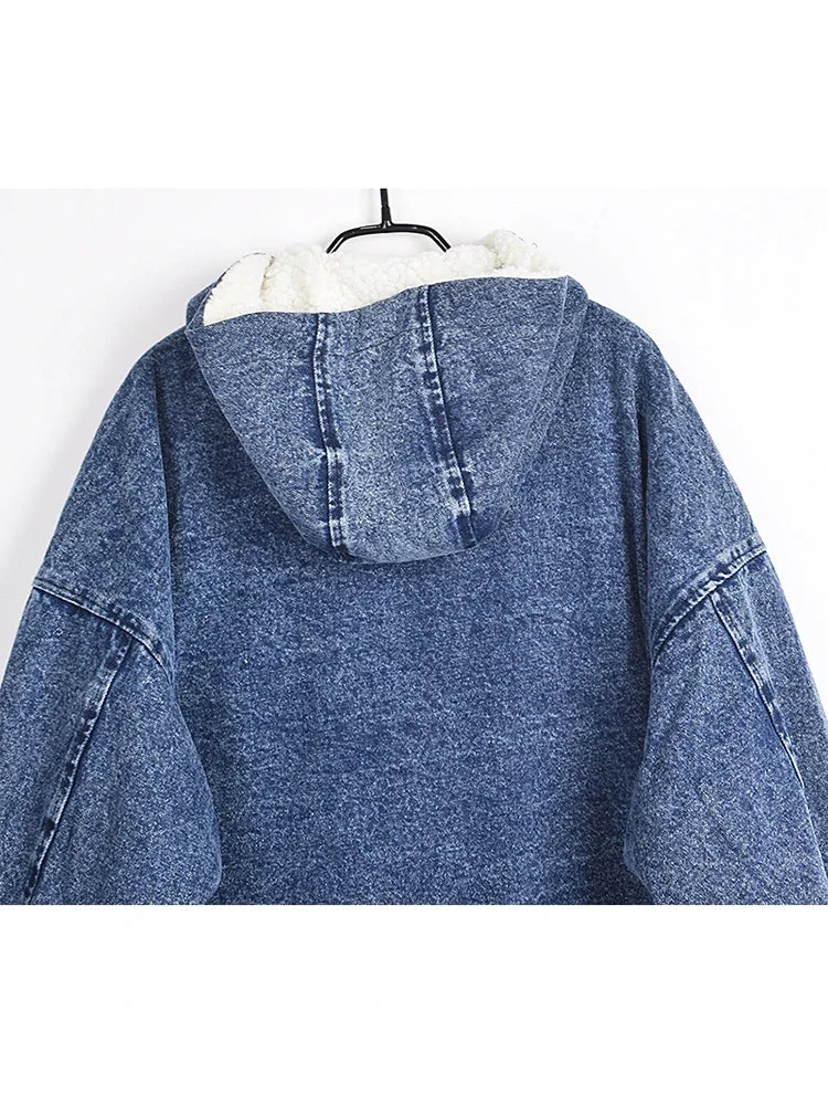 XITAO Plush Splicing Denim Coat Contrast Color Fashion Keep Warm Hooded Collar Coat Spring New Loose All-match WLD6572