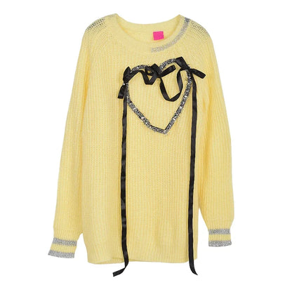 XITAO New Women Sweater Fashion Pullover Loose Knitting Splicing Bandage Bow Heart Pattern 2024 Spring All-match LDD2226