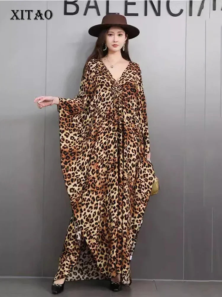 XITAO Leopard Batwing Sleeve Side Split V-neck Dress Pullover Loose Vintage Slim Fashion Ankle-Length All Match Dress GMM1239