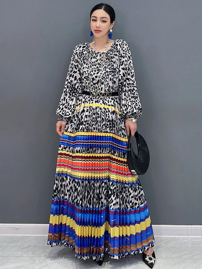 XITAO Pleated Print Dress Leopard New Loose Fashion Female Full Sleeve O-neck Spring Elegant Casual All Match Dress LYD1868