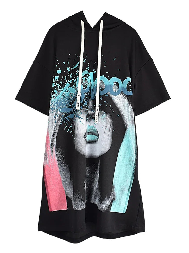 XITAO Hooded Printing Knee-length Dress Casual Loose Fitting Straight Half Sleeve Pullover Fashion Summer Female Dress GMM1196