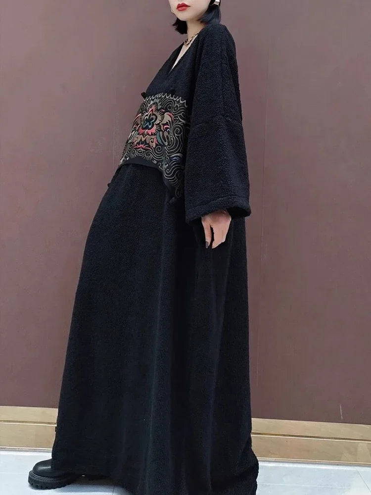 XITAO Embroidery Patchwork V-neck Dress Pullover Long Sleeve Loose Slimming Fashion Ankle-Length Dresses 2024 Autumn New LJ1092