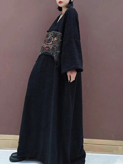 XITAO Embroidery Patchwork V-neck Dress Pullover Long Sleeve Loose Slimming Fashion Ankle-Length Dresses 2024 Autumn New LJ1092