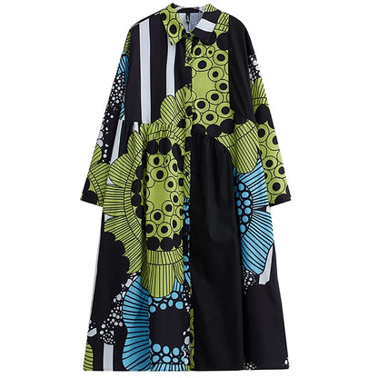 XITAO Print Turn-down Collar Loose Shirt Dress Patchwork Single Breasted Vintage Long Sleeve Autumn New Show Thin HQQ1258