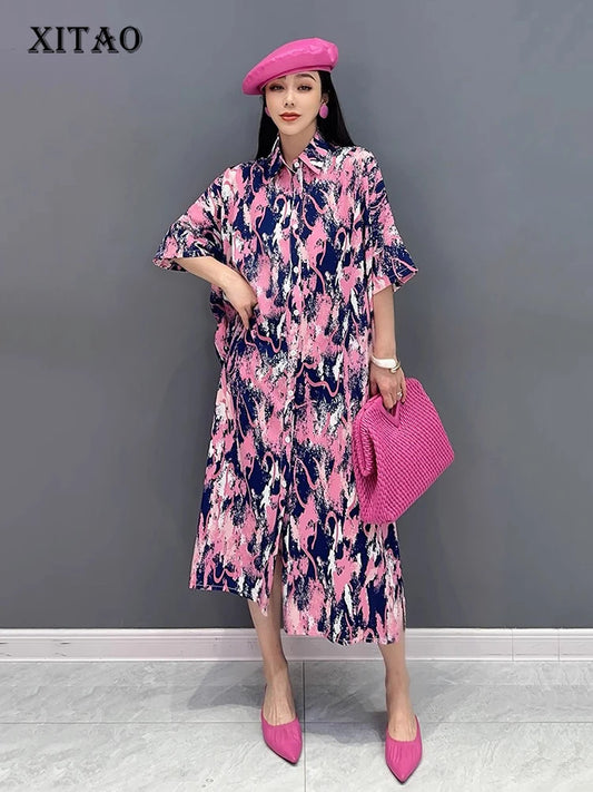 XITAO Print Turn-down Collar Single Breasted Dresses Short Sleeve Pocket Mid-calf Loose Shirt Dress 2024 Summer Casual ZY8754