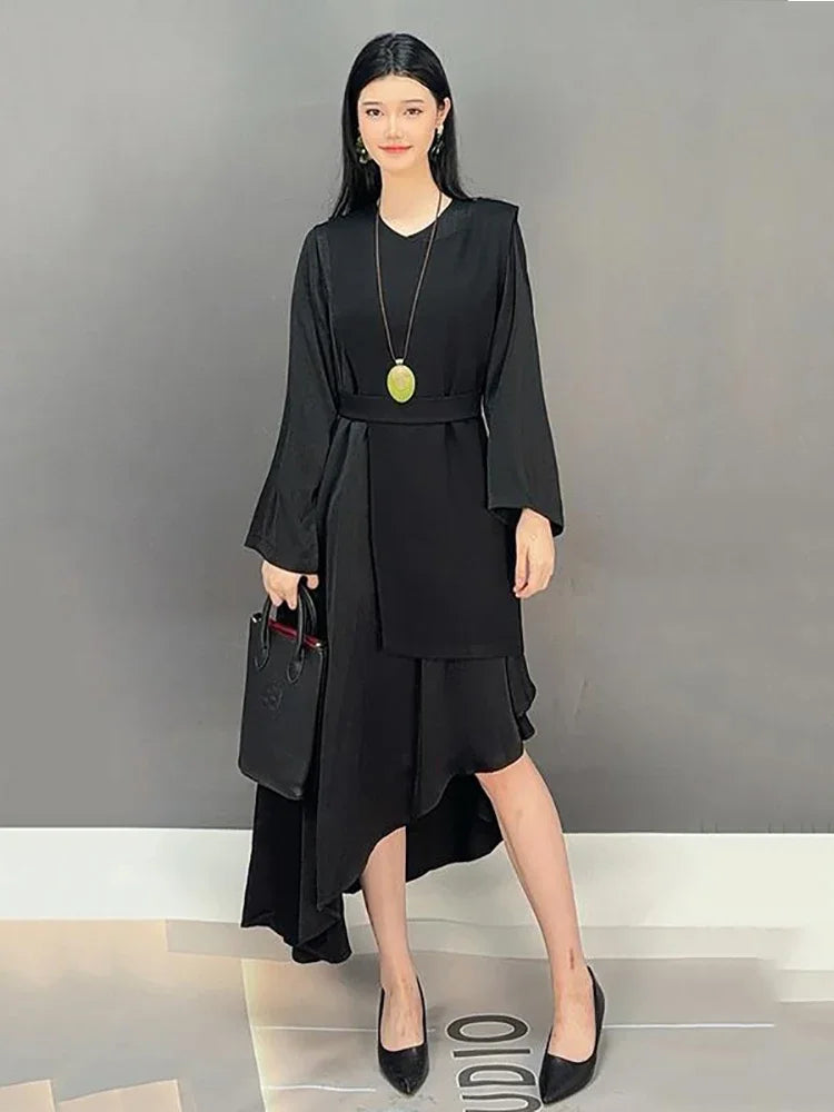 XITAO New Style Fashion Two Pieces Dress 2024 New Autumn Trendy Solid Color Long Sleeve Loose Irregular Women Dress LJ1080