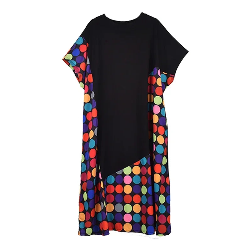 XITAO Dot Print T-shirt Dress Loose Fashion Casual Women Asymmetrical Contrast Color Print Hem Summer New Dress WMD6195