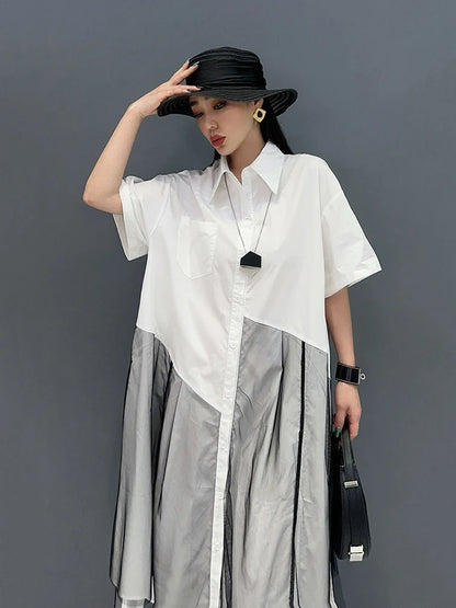 XITAO Gauze Patchwork Single Breasted Shirt Dresses Pocket Contrast Color Turn-down Collar Short Sleeve Summer New HQQ2367