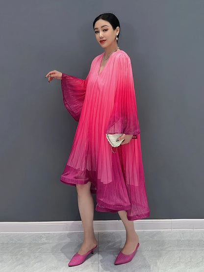 XITAO Gradient Gauze Female Dress Deep V-neck Flare Sleeve Folds Bandage Knee-length Dress 2024 New Temperament Women WLD20251