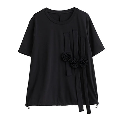 XITAO Casual Solid Color Women T-shirt Top Fashion Three-dimensional Flower Splicing Decorate T-shirt 2024 Summer LYD1907