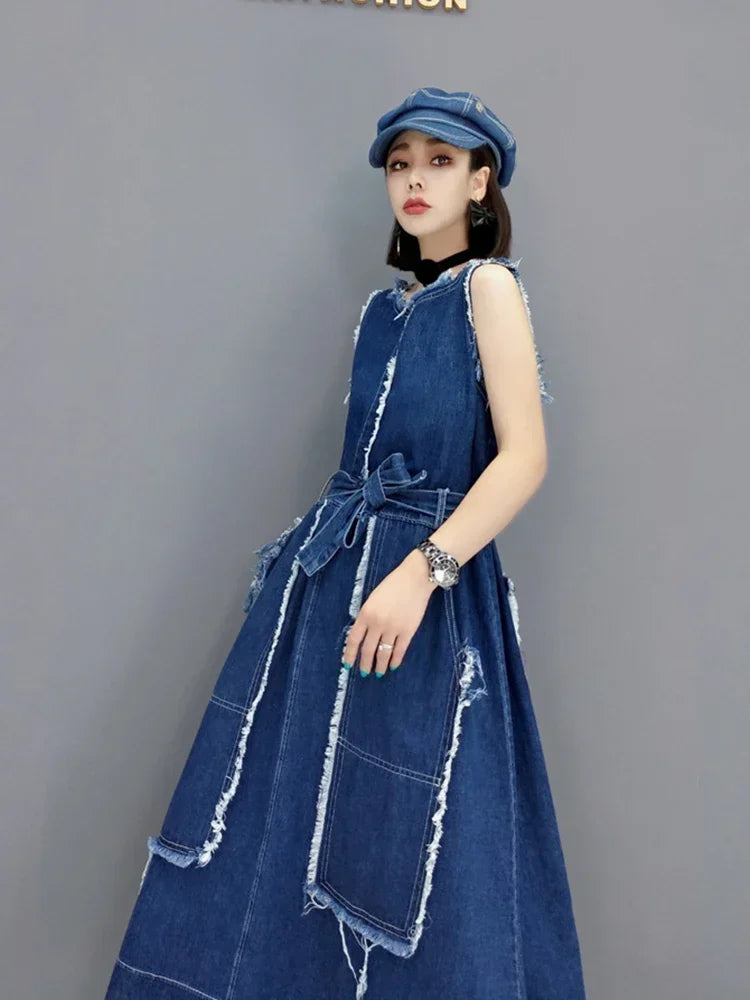 XITAO New Sleeveless Denim Bandage Dress Burrs Fashion Simplicity Temperament O-neck Collar Women Autumn Loose CLL1258