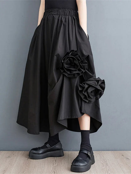 XITAO Floral Black Skirt Fashion Women Elegant Goddess Fan Irregular Elastic Waist Minority Loose Elegant Skirt WLD16640