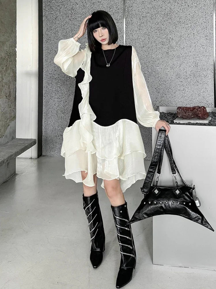 XITAO Gauze Patchwork Contrast Color O-neck Dress Pullover Long Sleeve Loose Slimming Temperament Dresses 2024 Autumn HQQ2416