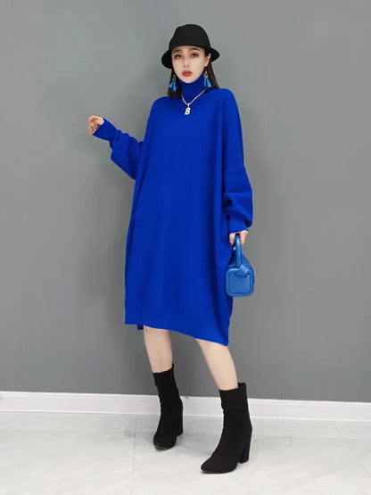 XITAO New Knitting Dress Loose Fashion Turtleneck Pullover Large Size Casual Batwing Sleeve Women 2024 Spring All-match WMD4039