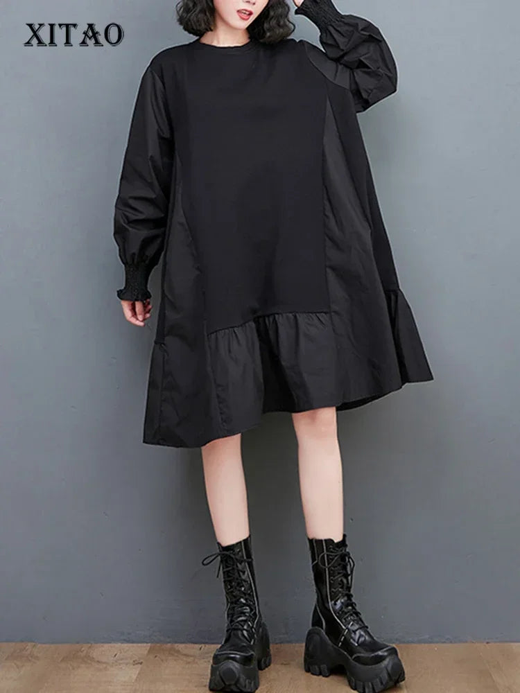 XITAO Loose O-neck Patchwork Female Dress Fashion Trend Street Wind Women Autumn Casual Pullover Simplicity Dress 2023 LYD1042