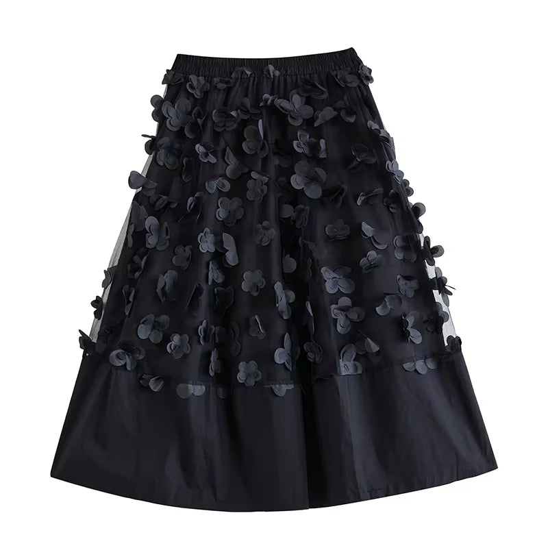 XITAO Patchwork Mesh Elastic Waist Skirt A-line Ankle-length New Arrival Solid Color Flower Fashion Autumn Women Skirt GMM1332