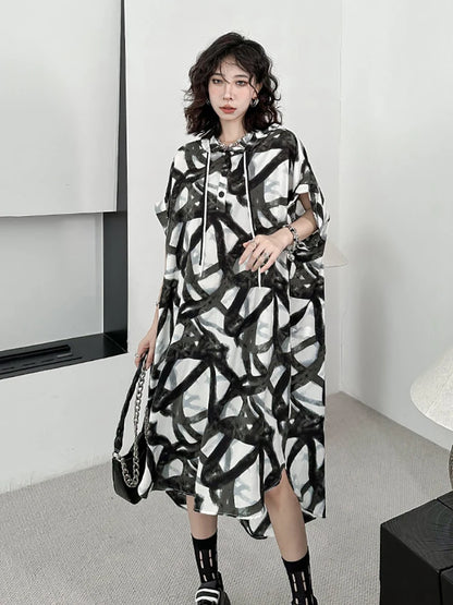 XITAO Fashion Print Hooded Dress Causal Loose Contrast Color Short Sleeve Women Summer Simplicity New Pullover Dress DMJ1454