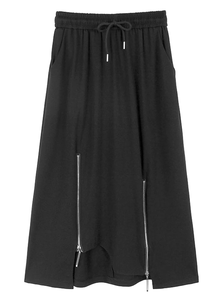 XITAO Irregular Zipper Decoration Elastic Waist A-line Skirt Pleated Loose Casual Personality Women New Fashion Skirt DMJ4109