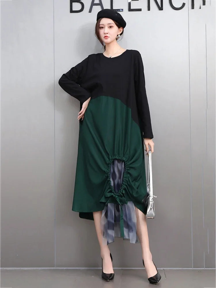 XITAO Patchwork Contrast Color Pleated Mesh Dress Casual Irregular A-line O-neck Full Sleeve Loose Fitting Autumn Dress GMM1330