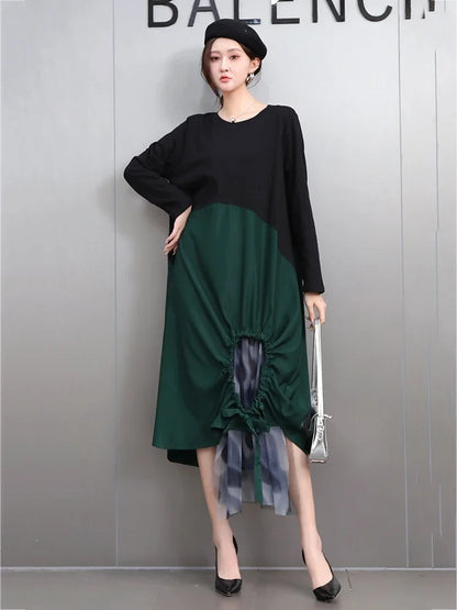 XITAO Patchwork Contrast Color Pleated Mesh Dress Casual Irregular A-line O-neck Full Sleeve Loose Fitting Autumn Dress GMM1330