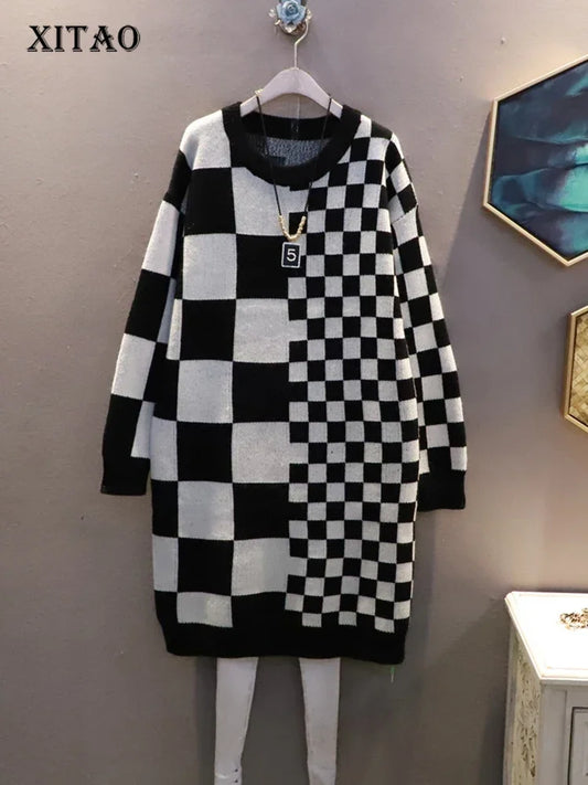 XITAO Contrast Color Knitting Dress Loose Fashion Casual Women Simplicity O-neck Pullover Sweater Dress Spring New FBB1285